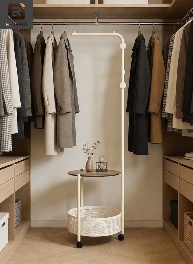 RAWAID Metal Clothes Rack Tree, Coat Rack with Side Table Basket and Wheels,Coat Rack with Stands, Industrial Style,Floor Hallway Cabinet with 3 Hooks for Clothes, Hats, Bags 40x40x175cm - Image 4